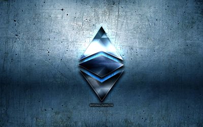 Ethereum金属のロゴ, グランジ, cryptocurrency, 青色の金属の背景, Ethereum, 創造, Ethereumロゴ