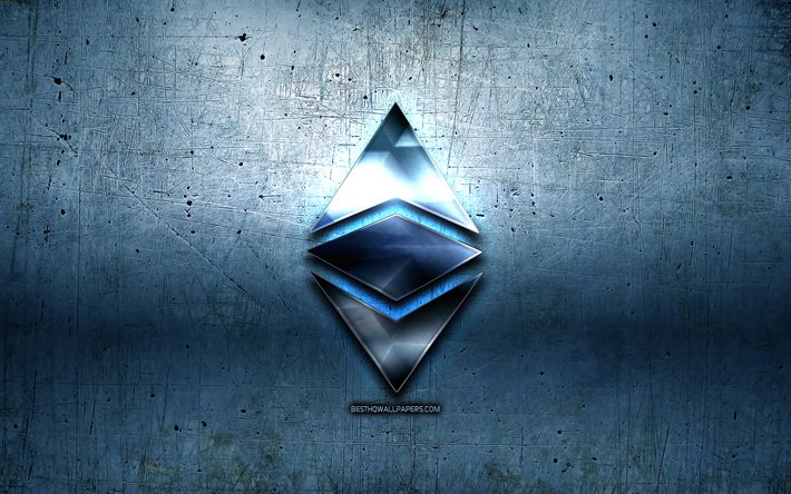 Ethereum metall logo, grunge, cryptocurrency, bl&#229; metall bakgrund, Ethereum, kreativa, Ethereum logotyp