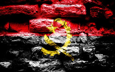 Angola flag, grunge brick texture, Flag of Angola, flag on brick wall, Angola, flags of Africa countries