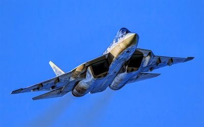 Sukhoi Su-57, azul cielo, aviones de combate, Delincuente, Su-57, Fuerza A&#233;rea de rusia, Т-50, el Ej&#233;rcito ruso