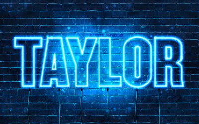 Taylor, 4k, pap&#233;is de parede com os nomes de, texto horizontal, Taylor nome, luzes de neon azuis, imagem com Taylor nome