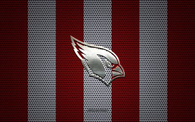 Arizona Cardinals logo, American football club, metal emblem, red and white metal mesh background, Arizona Cardinals, NFL, Phoenix, Arizona, USA, american football