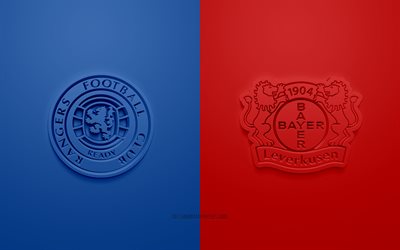Rangers FC vs Bayer 04 Leverkusen, UEFA Europa League, 3D logos, promotional materials, Europa League 2020, blue red background, Europa League, football match, Rangers FC, Bayer 04 Leverkusen