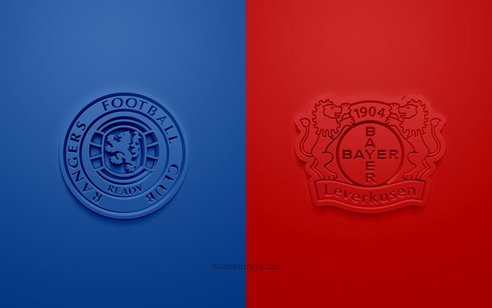 Rangers FC vs Bayer 04 Leverkusen, UEFA Europa League, loghi 3D, materiali promozionali, Europa League 2020, blu, rosso, sfondo, Europa League, partita di calcio Rangers FC, il Bayer 04 Leverkusen