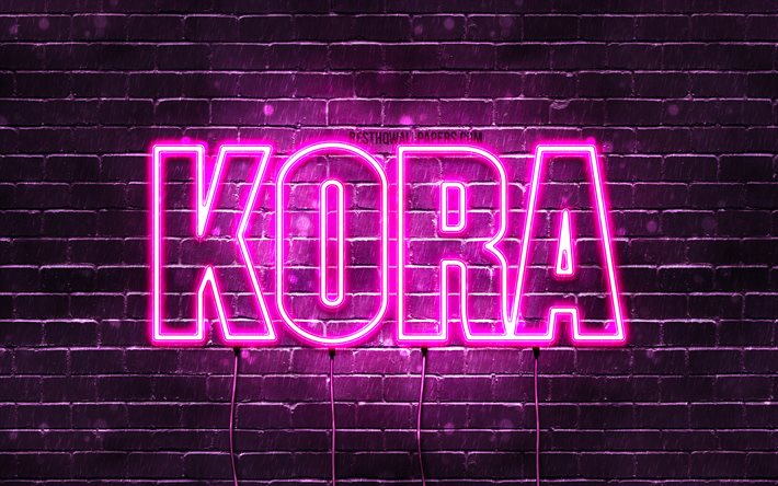 Kora, 4k, adları Kora adıyla, Bayan isimleri, Kora adı, mor neon ışıkları, yatay metin, resim ile duvar kağıtları