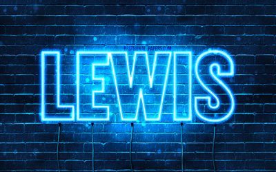 Lewis, 4k, pap&#233;is de parede com os nomes de, texto horizontal, Lewis nome, luzes de neon azuis, imagem com o nome de Lewis