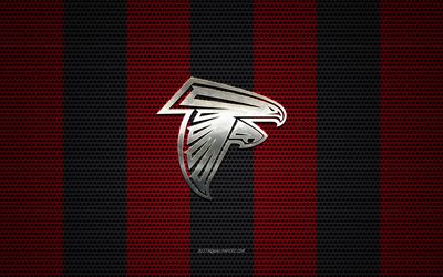 Atlanta Falcons logo, American football club, metal emblem, red and white metal mesh background, Atlanta Falcons, NFL, Atlanta, Georgia, USA, american football
