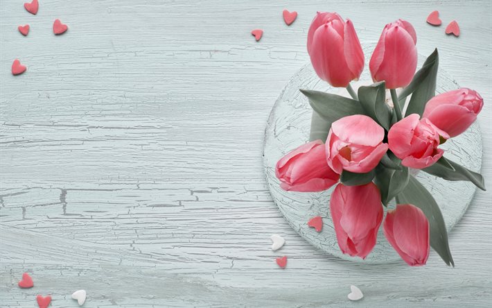 花束のピンクのチューリップ, 春の花, チューリップ, 美しい花束, ピンクのチューリップ, 背景とチューリップ