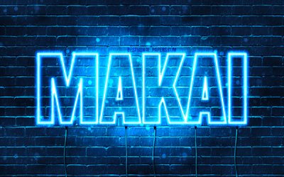 Makai, 4k, pap&#233;is de parede com os nomes de, texto horizontal, Makai nome, luzes de neon azuis, imagem com Makai nome