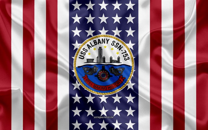 uss albany-emblem, ssn-753, american flag, us-navy, usa, uss albany abzeichen, us-kriegsschiff, wappen des uss albany