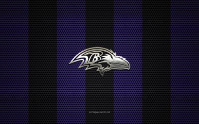 Baltimore Ravens logo, American football club, metal emblem, purple-black metal mesh background, Baltimore Ravens, NFL, Baltimore, Maryland, USA, american football