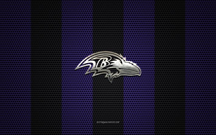 Ravens de Baltimore logo, club de football Am&#233;ricain, embl&#232;me m&#233;tallique, violet-noir maille en m&#233;tal d&#39;arri&#232;re-plan, Baltimore Ravens, NFL, Baltimore, Maryland, etats-unis, le football am&#233;ricain