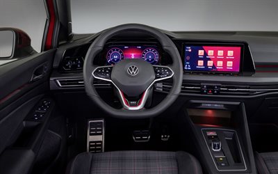 El Volkswagen Golf GTI, 2021, Y 4K, y la vista interior del interior, el panel frontal del nuevo Golf GTI, con los coches alemanes, Volkswagen