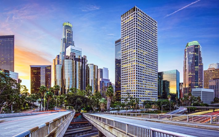 Los Angeles, 4k, modern buildings, american cities, California, America, Los Angeles at evening, USA, City of Los Angeles, Cities of California