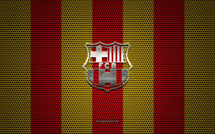 FC Barcelona logo, Spanish football club, metal emblem, red-yellow metal mesh background, FC Barcelona, Catalonia, La Liga, Barcelona, Spain, football