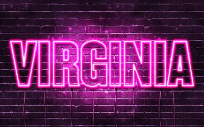 Virginia, 4k, taustakuvia nimet, naisten nimi&#228;, Virginia nimi, violetti neon valot, vaakasuuntainen teksti, kuva Virginia nimi