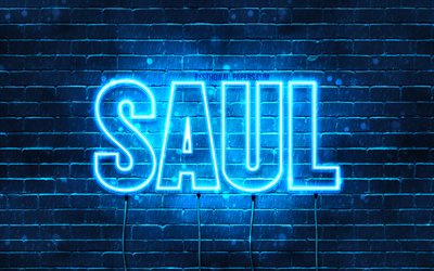 Saul, 4k, pap&#233;is de parede com os nomes de, texto horizontal, Saul nome, luzes de neon azuis, imagem com Saul nome
