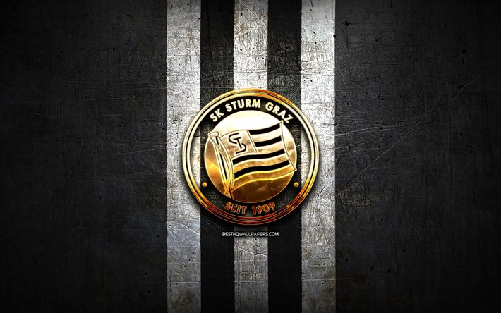 Sturm Graz FC, golden logo, Austrian Bundesliga, black metal background, football, SK Sturm Graz, austrian football club, Sturm Graz logo, soccer, Austria