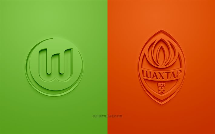 VfL Wolfsburg vs Shakhtar Donetsk, UEFA Europa League, 3D logos, promotional materials, Europa League 2020, green-orange background, Europa League, football match, VfL Wolfsburg, Shakhtar Donetsk