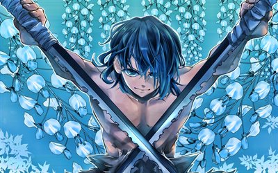 Inosuke Hashibira, swords, Demon Hunter, blue flowers, Kimetsu no Yaiba, Demon Slayer, samurai, manga, Hashibira Inosuke
