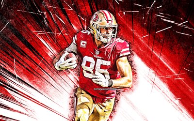 George Kittle, grunge art, 4k, NFL, San Francisco 49ers, american football, tight end, red abstract rays, George Krieger Kittle, National Football League, George Kittle San Francisco 49ers, George Kittle 4K