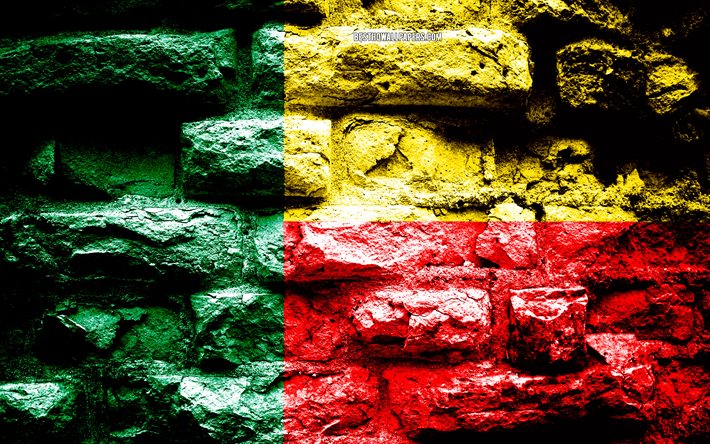 Benin flag, grunge brick texture, Flag of Benin, flag on brick wall, Benin, flags of Africa countries