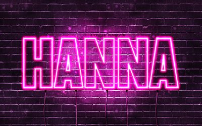 Hanna, 4k, wallpapers with names, female names, Hanna name, purple neon lights, horizontal text, picture with Hanna name