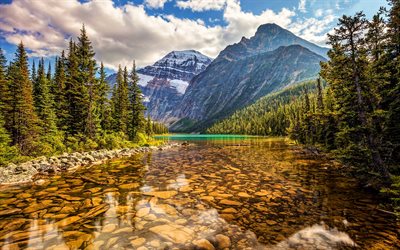 Jasper National Park, HDR, kes&#228;ll&#228;, vuoret, Kanada, kaunis luonto, vuori joen, Pohjois-Amerikassa, kanadan luonto
