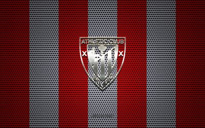 Bilbao Athletic logo, Spanish football club, metal emblem, red white metal mesh background, Bilbao Athletic, La Liga, Bilbao, Spain, football