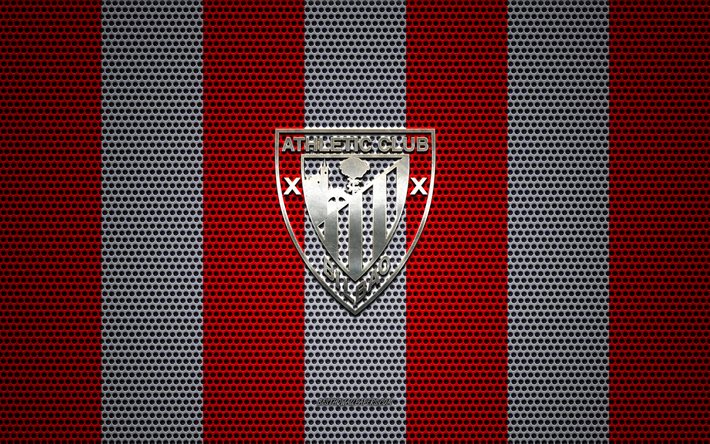 Atl&#233;tico Bilbao logotipo, Clube de futebol espanhol, emblema de metal, vermelho metal branco de malha de fundo, Atl&#233;tico De Bilbau, A Liga, Bilbau, Espanha, futebol