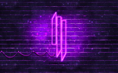 Skrillex violette logo, 4k, superstars, n&#233;erlandais DJs, american brickwall, Skrillex logo, Sonny John Moore, Skrillex, stars de la musique, Skrillex n&#233;on logo