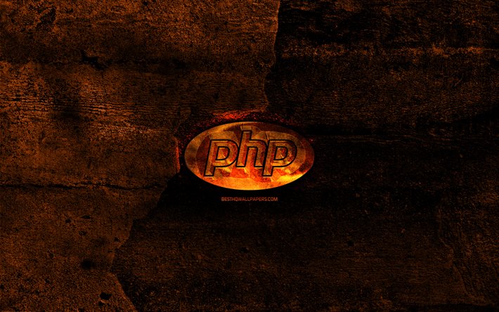 PHP fiery logo, programming language, orange stone background, creative, PHP logo, programming language signs, PHP