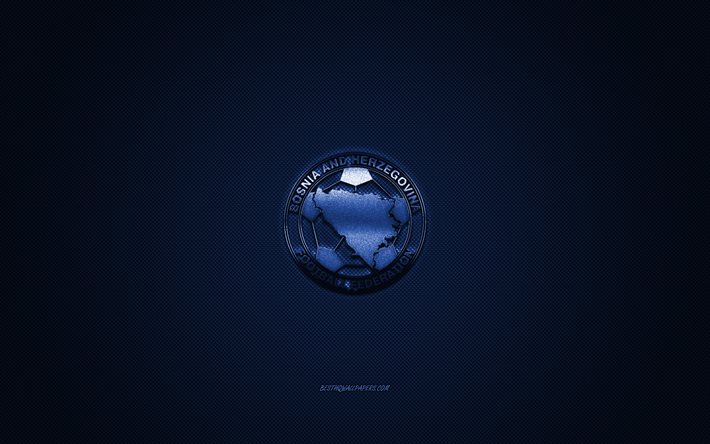 Bosnia-Erzegovina squadra nazionale di calcio, emblema, la UEFA, logo blu, blu in fibra di carbonio sfondo, Bosnia-Erzegovina squadra di calcio di logo, calcio, Bosnia e Erzegovina