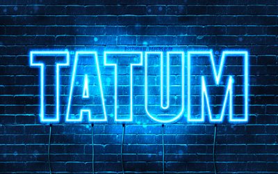 Tatum, 4k, pap&#233;is de parede com os nomes de, texto horizontal, Tatum nome, luzes de neon azuis, imagem com Tatum nome