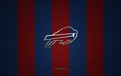 Buffalo Bills logo, American football club, metal emblem, blue red metal mesh background, Buffalo Bills, NFL, Buffalo, New York, USA, american football