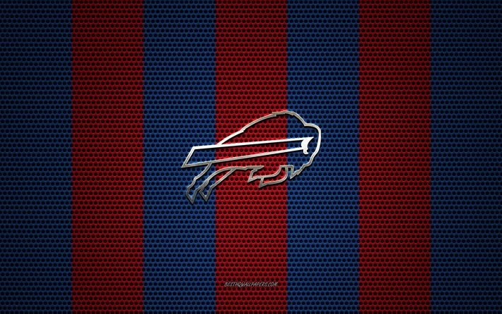 Les Buffalo Bills logo, club de football Am&#233;ricain, embl&#232;me m&#233;tallique, bleu rouge de maille en m&#233;tal d&#39;arri&#232;re-plan, les Buffalo Bills, NFL, Buffalo, New York, &#233;tats-unis, le football am&#233;ricain
