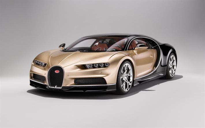 Bugatti Chiron, vista frontal, exterior, hipercarro, ouro preto Chiron, Sueco supercarros, Bugatti