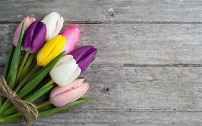 bouquet de tulipes color&#233;es, en bois, texture, tulipes, fleurs de printemps, bouquet de tulipes, fond avec des tulipes