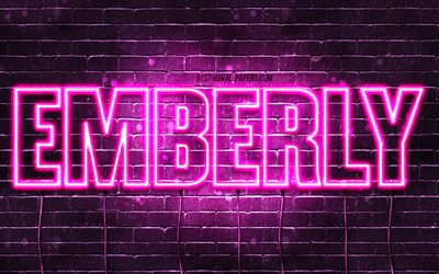 Emberly, 4k, wallpapers with names, female names, Emberly name, purple neon lights, horizontal text, picture with Emberly name