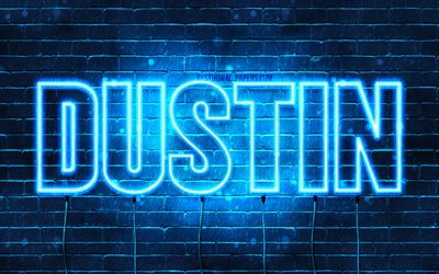 Dustin, 4k, wallpapers with names, horizontal text, Dustin name, blue neon lights, picture with Dustin name
