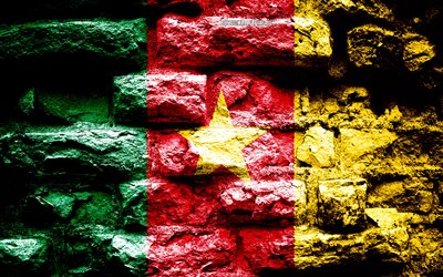 Cameroon flag, grunge brick texture, Flag of Cameroon, flag on brick wall, Cameroon, flags of Africa countries