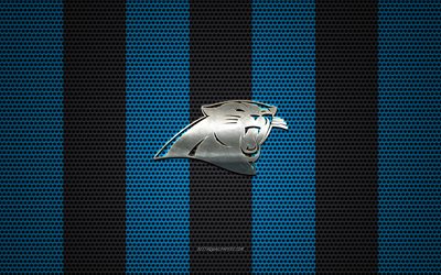 Carolina Panthers logo, American football club, metal emblem, blue black metal mesh background, Carolina Panthers, NFL, Charlotte, North Carolina, USA, american football