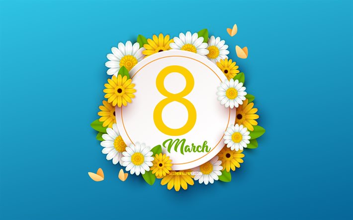 El 8 de marzo de fondo azul con flores de primavera fondo azul, 2020 vacaciones de primavera, el 8 de Marzo, las flores de primavera fondo, D&#237;a de san valent&#237;n, 8 de Marzo de fondo