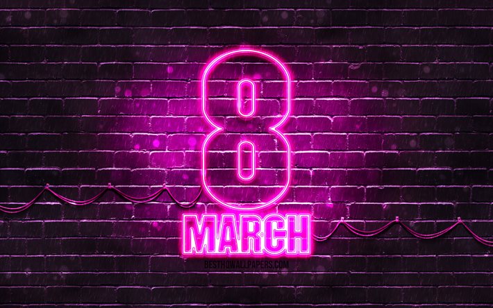 8 Mars pourpre signe, 4k, violet brickwall, International Womens Jour, œuvres d&#39;art, 8 Mars, 8 Mars n&#233;on symbole, le 8 Mars