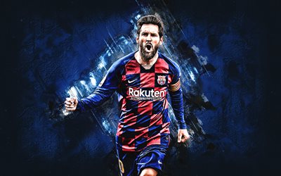 Lionel Messi, FC Barcelona, Catalan Football Club, portrait, Leo Messi, Argentinean soccer player, blue stone background, Champions League