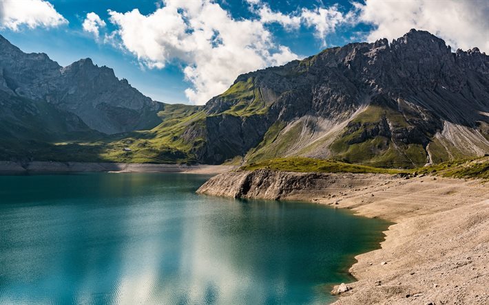 Lago de montanha, primavera, dia ensolarado, montanhas, Luner Ver, Lunersee, Vorarlberg, &#193;ustria