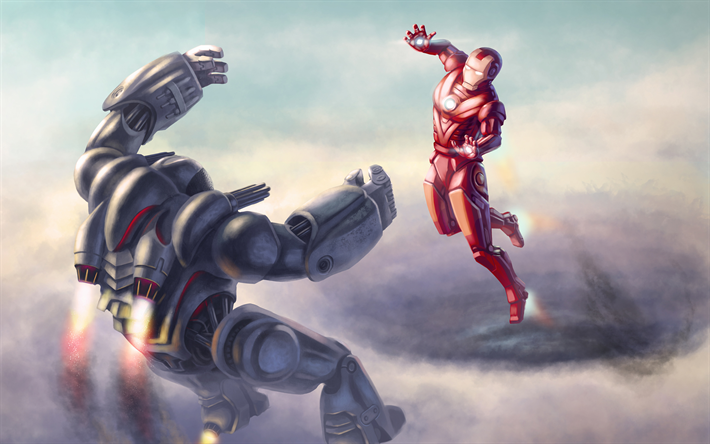 War Machine vs Iron Man, superheroes, War Machine, Iron Man, art