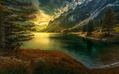 Le Lac de Gosau, le Printemps, le soir, montagne, lac, coucher de soleil, paysage de montagne, les Alpes, l&#39;Autriche, Vorderer Gosausee