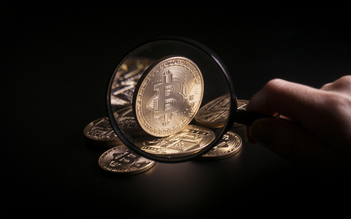 ビットコイン, 暗号通貨, 電子マネー, 金融の概念, 金貨, ビットコインのサイン, 拡大鏡