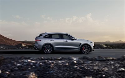 Jaguar F-Pace SVR, 2019, 4k, SUV di lusso, esterno, vista laterale, argento F-Pace, tuning, SVR, le auto Inglesi, Jaguar